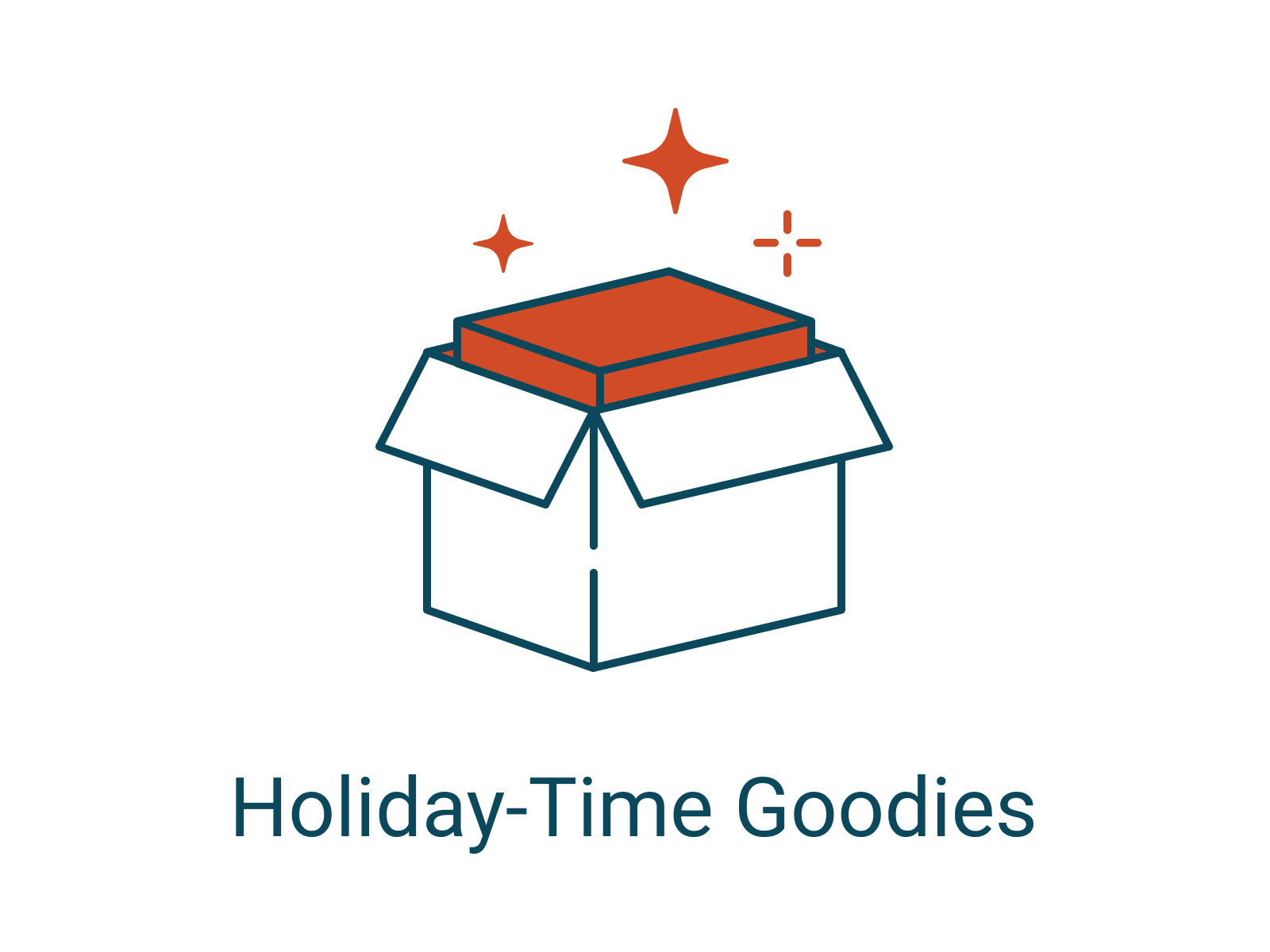 Illustration of an open box with an orange package inside and the words "Holiday-Time Goodies" underneath.