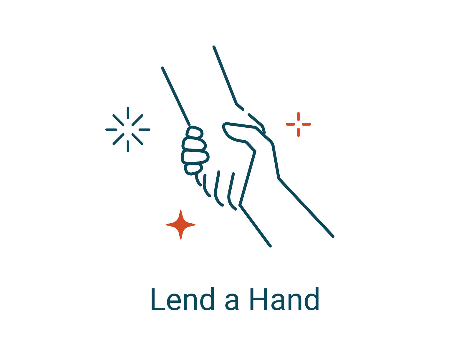 Illustration of a hand from the upper left grasping a hand from the lower right with the words "Lend a Hand" underneath.