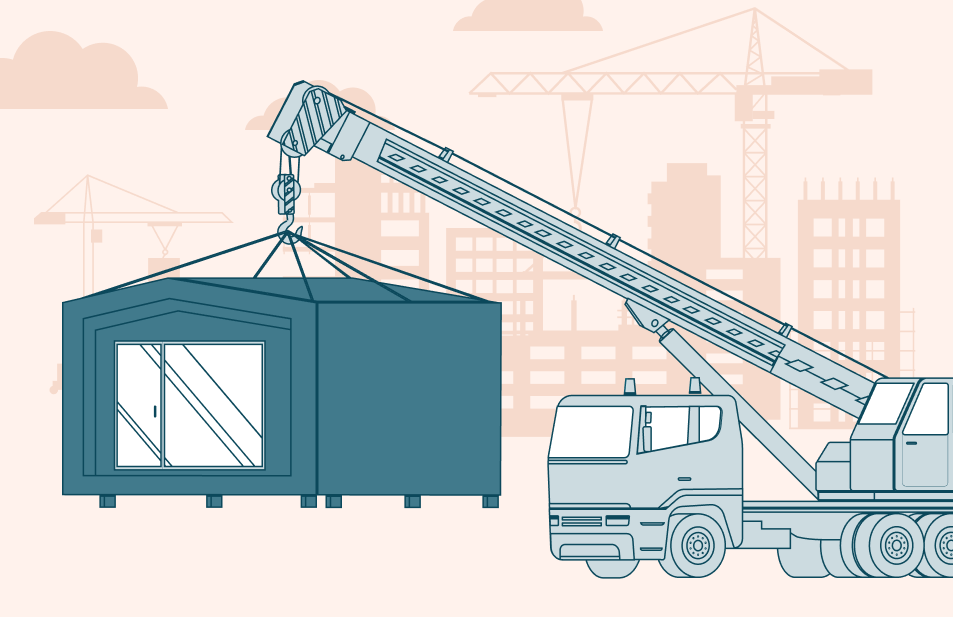 Illustration of a crane lifting a small building
