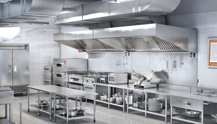 Stainless steel kitchen modular counters, vents, tables, and other components.