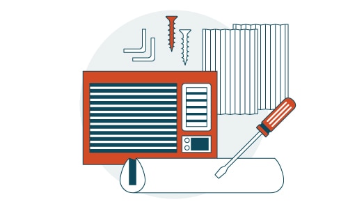 Illustration of parts needed to install a window air conditioner