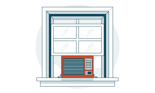 Illustration of a window air conditioner in a window and secured by side brackets