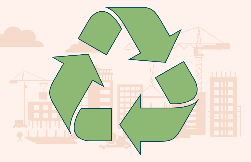 A recycle logo superimposed on an illustrated background showing a construction site