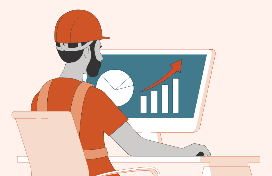 Illustration of a bearded man wearing a hard hat and sitting at a computer showing a pie chart and a bar graph with an arrow indicating the upward trend of the bar graph.